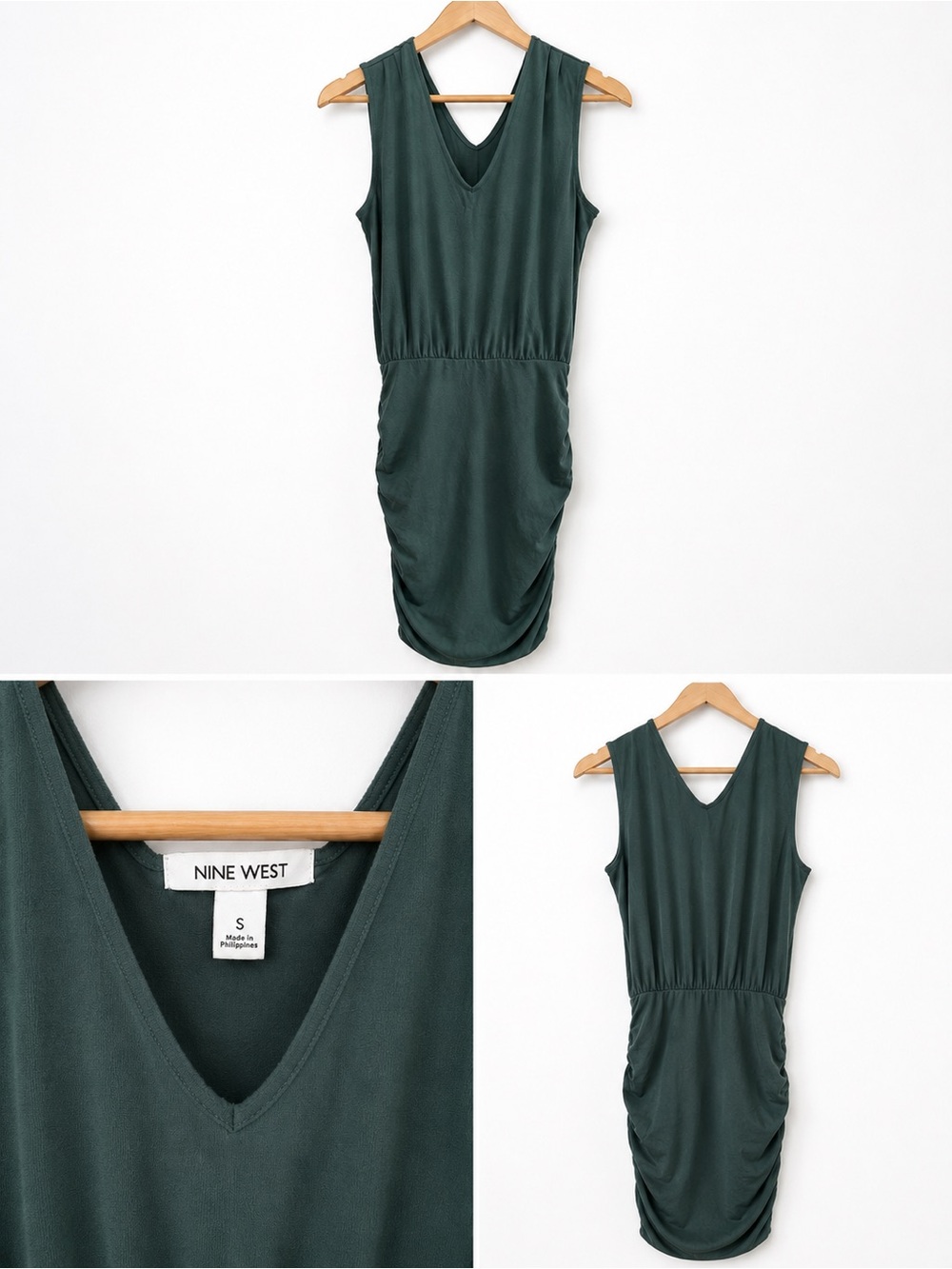 Nine West Green Sleeveless V-Neck Ruched Mini Dress